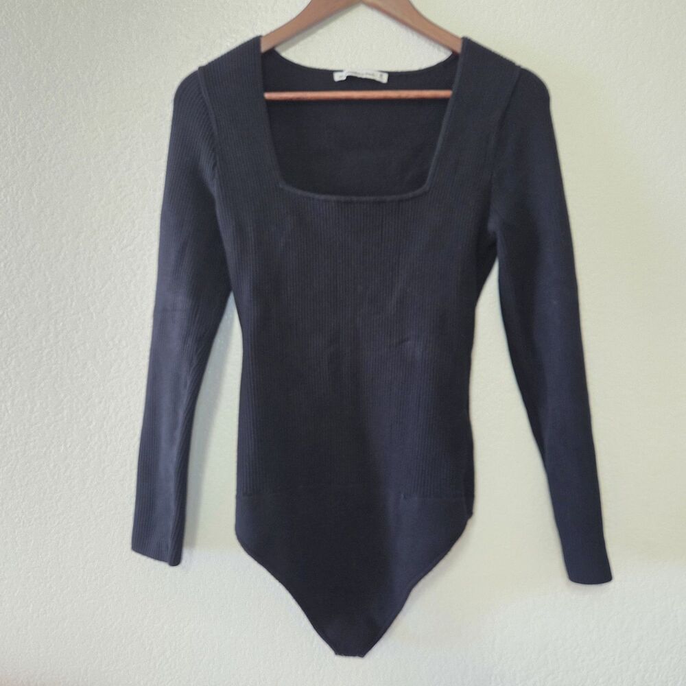 Abercrombie & Fitch Ribbed Square Neck Long Sleeve Bodysuit Black Medium